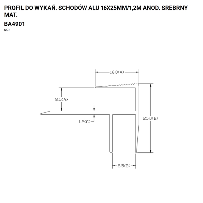 Profil schodowy aluminiowy 16×25 mm 0,9 m anodowany srebrny matowy