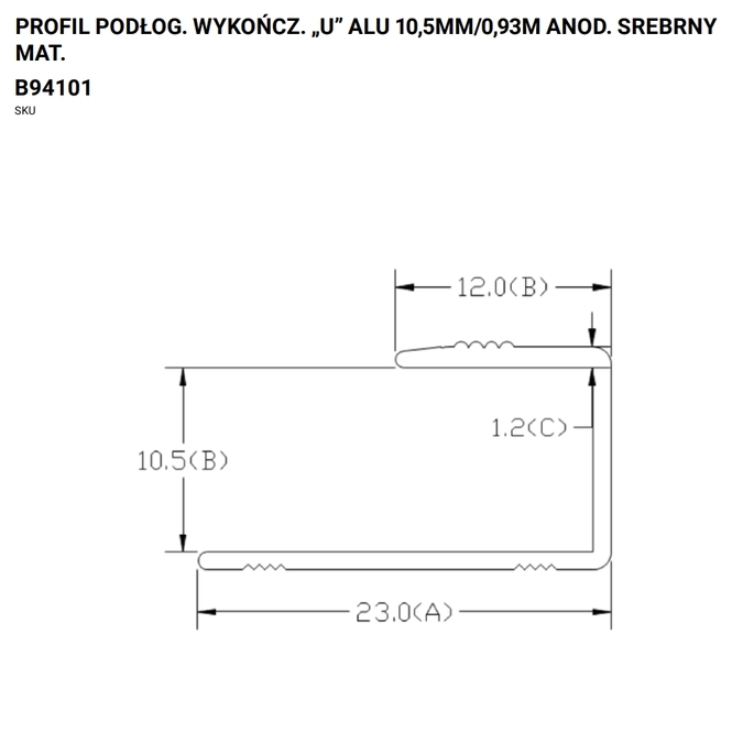 Profil zakończeniowy aluminiowy do paneli podłogowych „U” 10,5 x 930 mm anodowany srebrny matowy