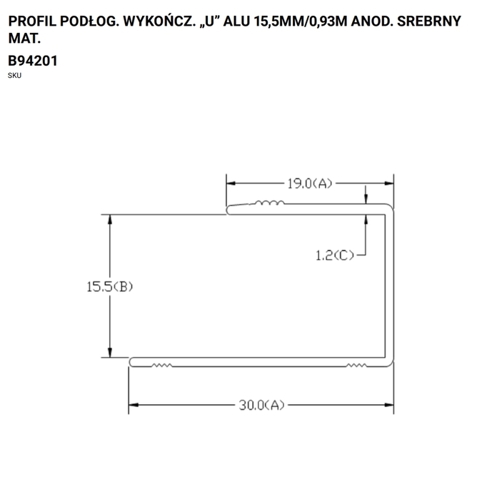 Profil zakończeniowy aluminiowy do paneli podłogowych „U” 15,5 x 900 mm anodowany srebrny matowy