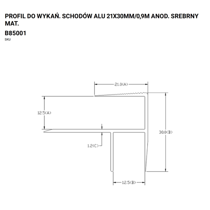 Profil schodowy aluminiowy 16x25 mm 1,8 m – anodowany srebrny matowy